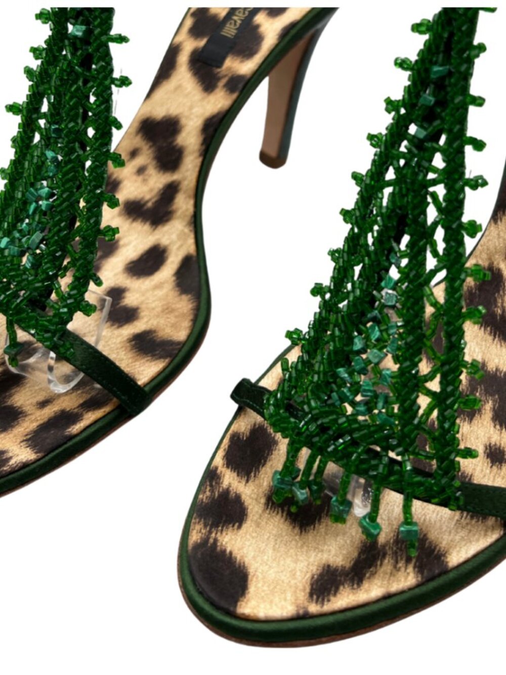 Roberto Cavalli Y2K Green Beaded Leopard Print Heels Runway Sandals Sz 8.5 39 - Picture 2 of 6